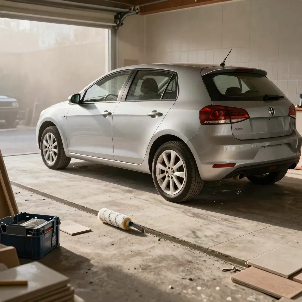 Auto compatta argentata in garage ristrutturato con rulli imballati e cassa attrezzi sigillata.