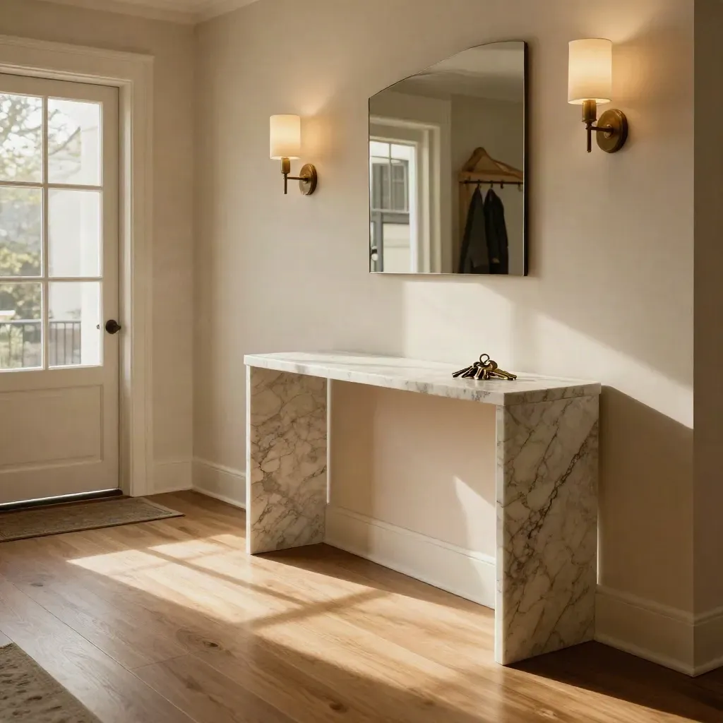 Ingresso di townhouse con chiavi in ottone su console di marmo e luce calda