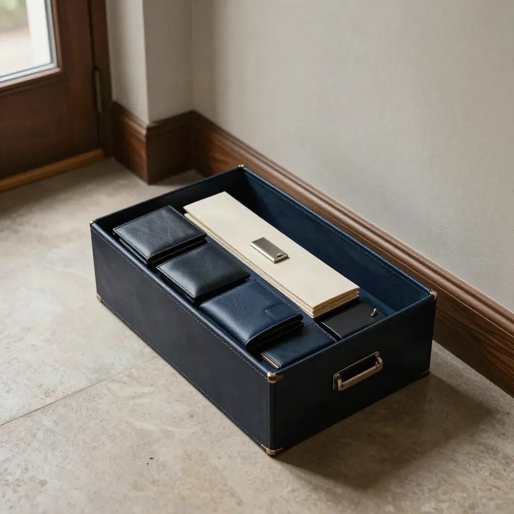 Corridoio torinese con scatola archivio blu e cartelle ordinate in luce drammatica.
