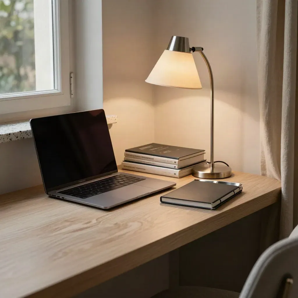 Angolo studio romano con laptop chiuso, libri impilati, lampada e taccuino su legno chiaro.