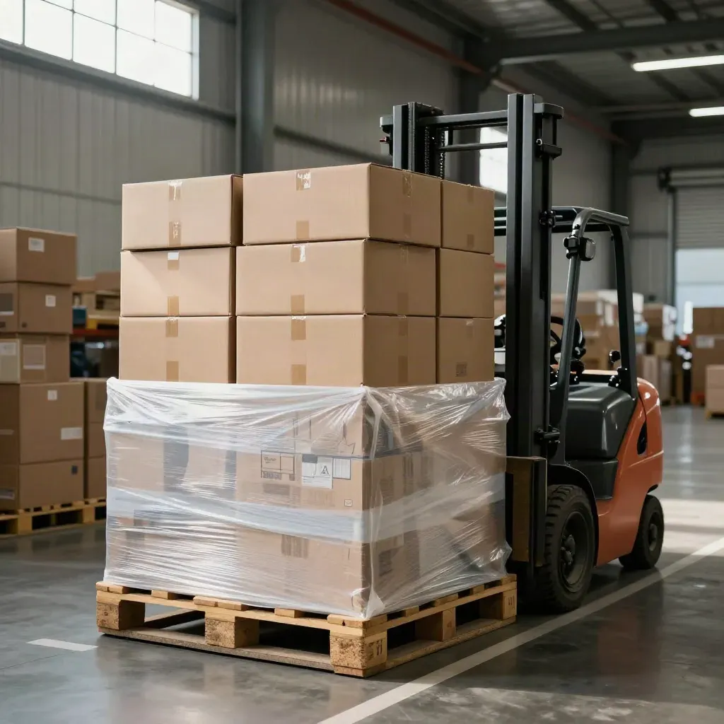 Corsia di magazzino a Verona con pallet avvolti, scatole pronte e muletto parcheggiato.