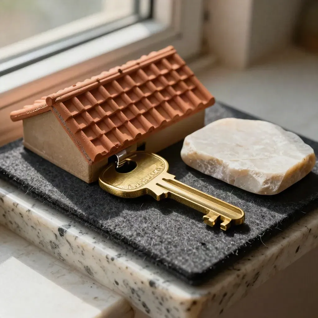 Chiavi di casa, modellino di tetto in terracotta e campione di pietra su feltro scuro.