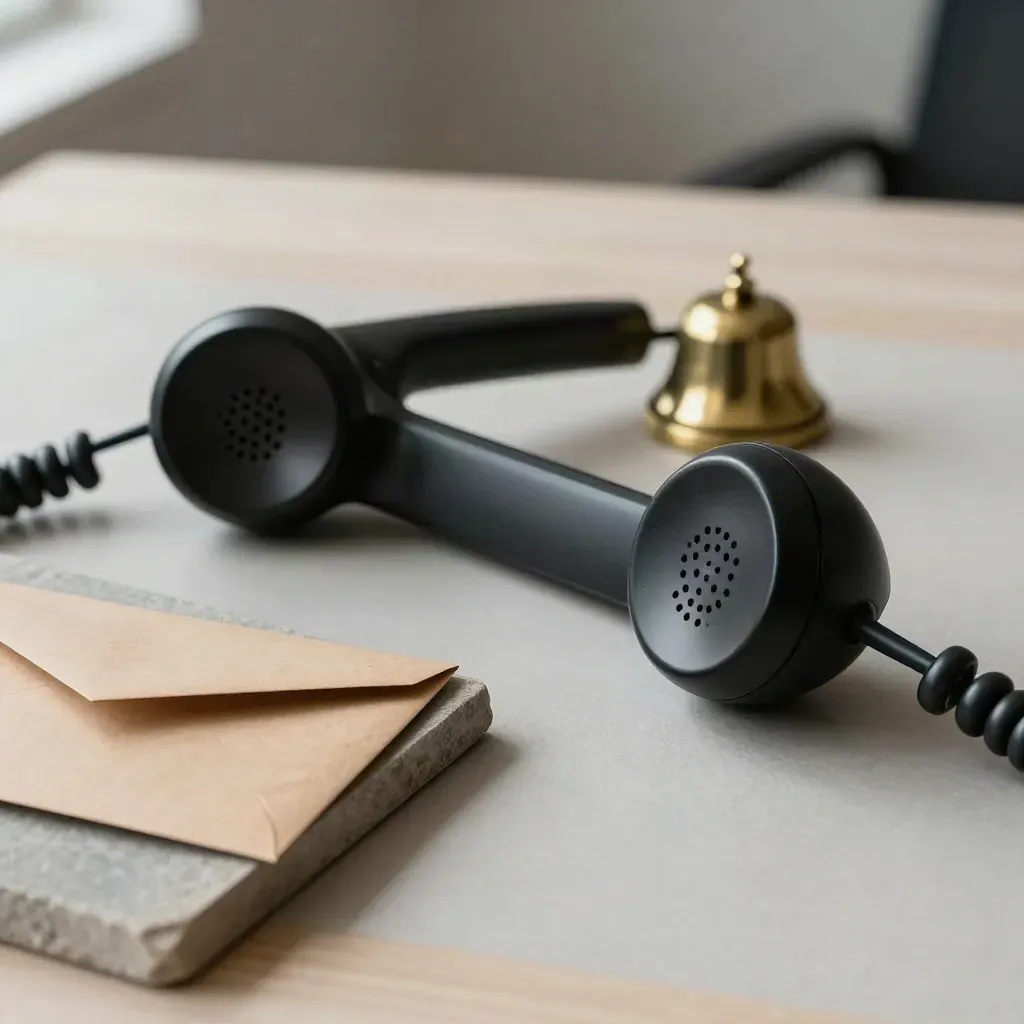 Ricevitore telefonico nero, campanello in ottone e busta su vassoio di pietra.