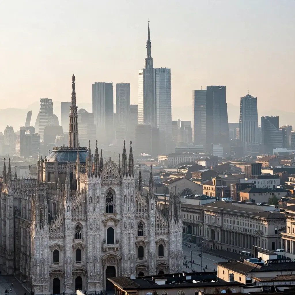 Skyline di Milano all’alba con Duomo e Porta Nuova tra nebbia bassa e luce d’inverno
