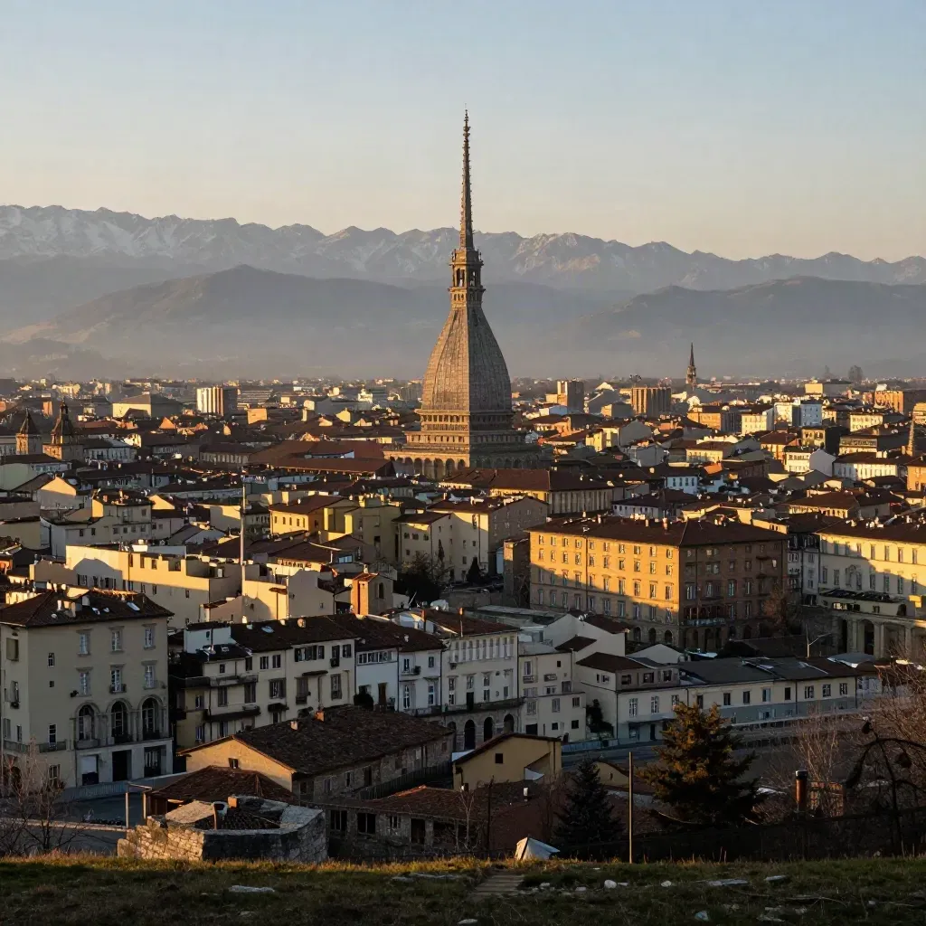 Torino al tramonto vista da un colle, Mole Antonelliana e Alpi in lontananza.