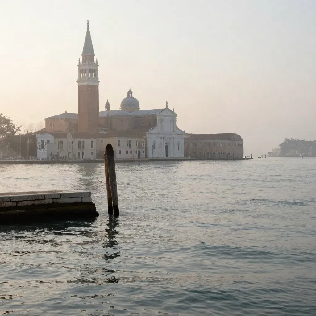 Il campanile di Venezia sulla laguna al mattino, avvolto nella nebbia, con acqua calma in primo piano.