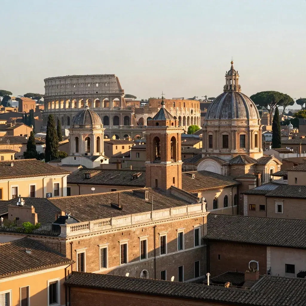 Panorama di Roma con Colosseo e cupole sopra tetti terracotta, luce calda pomeridiana.