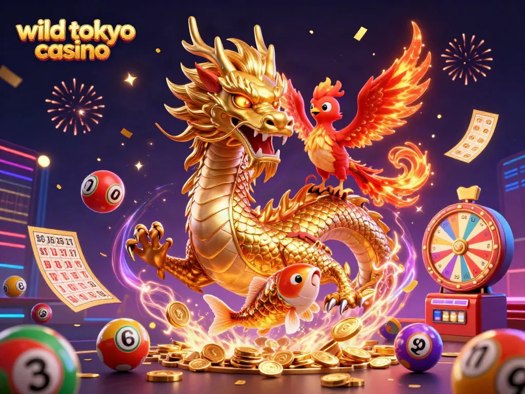 Experience the excitement of wild tokyo casino with our vibrant 3D dragon and phoenix scene.